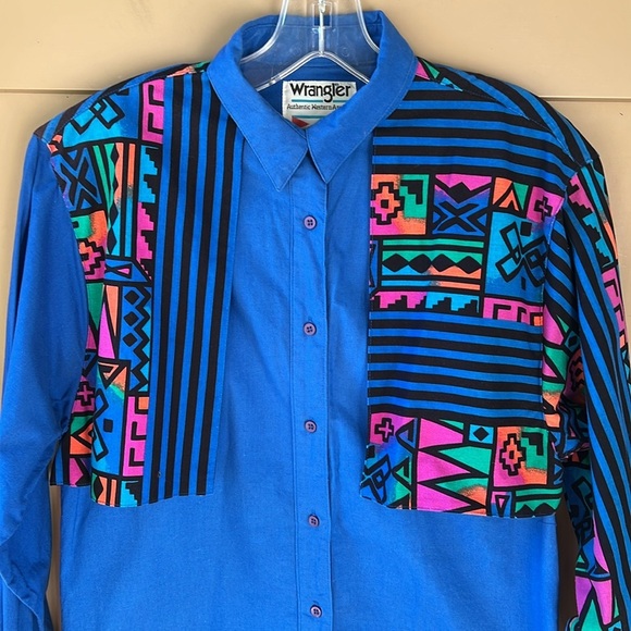 Wrangler Vintage Women’s M Aztec Print Royal Blue Long Sleeve Western Shirt - Picture 2 of 6